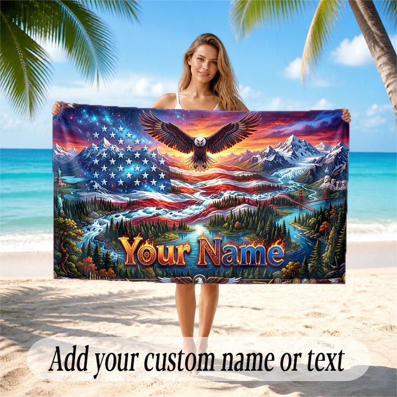 American Patriotic Theme Soft Beach Towel Personalized Custom Name Text Towel Portable for Beach Pool Travel
