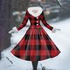 Women's Casual Dress Long-Sleeve V-Neck Patchwork Fleece Christmas Print Dress