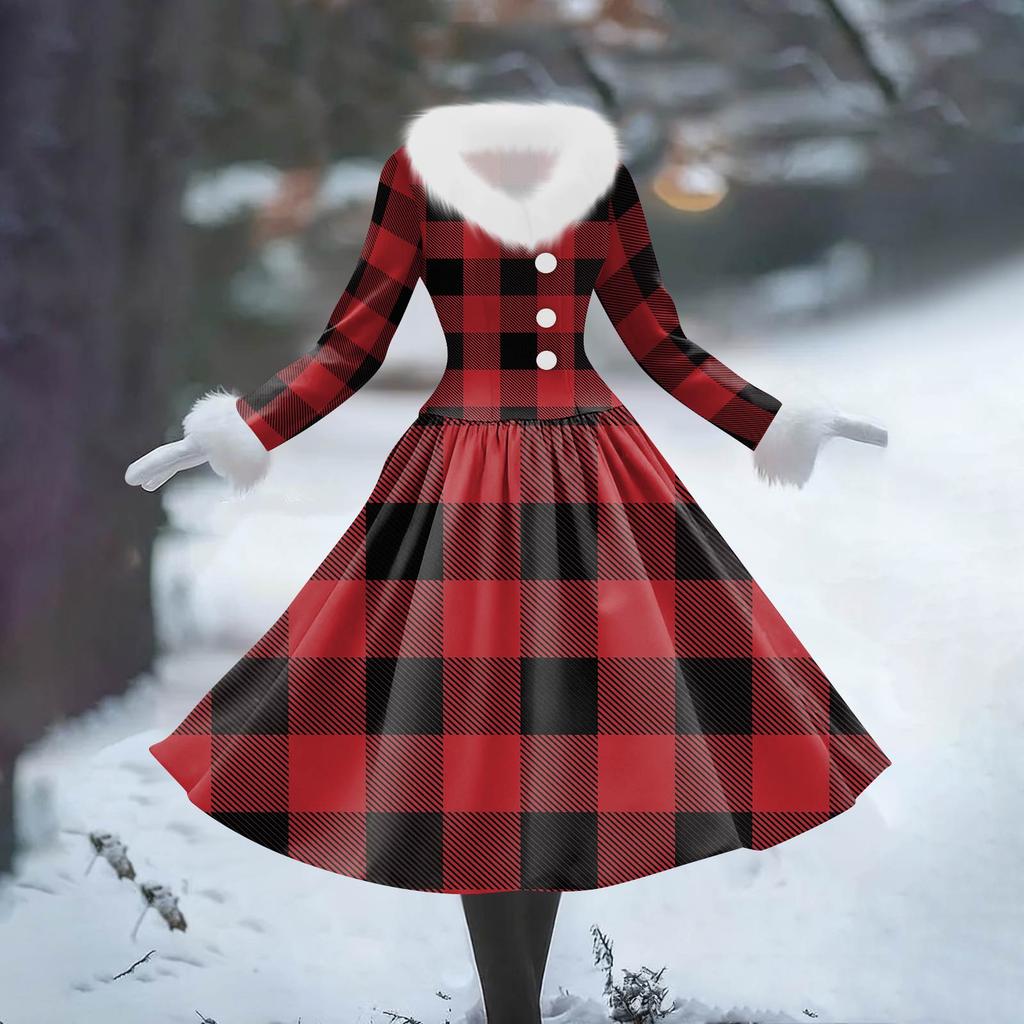 Women's Casual Dress Long-Sleeve V-Neck Patchwork Fleece Christmas Print Dress