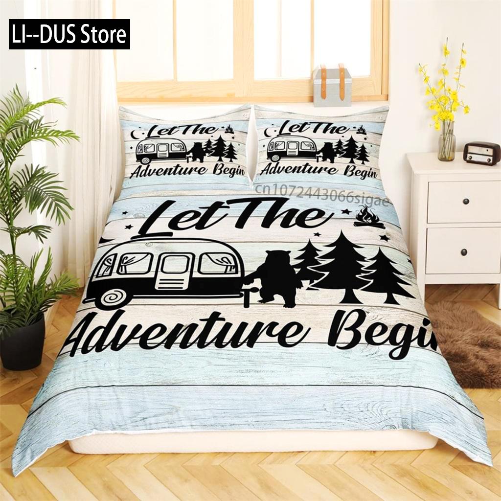 Camping Duvet Cover Set Cartoon Camper Comforter Cover Old Barn Door Bedding Set Cowboys Wooden Farmhouse Style For Kids Decor