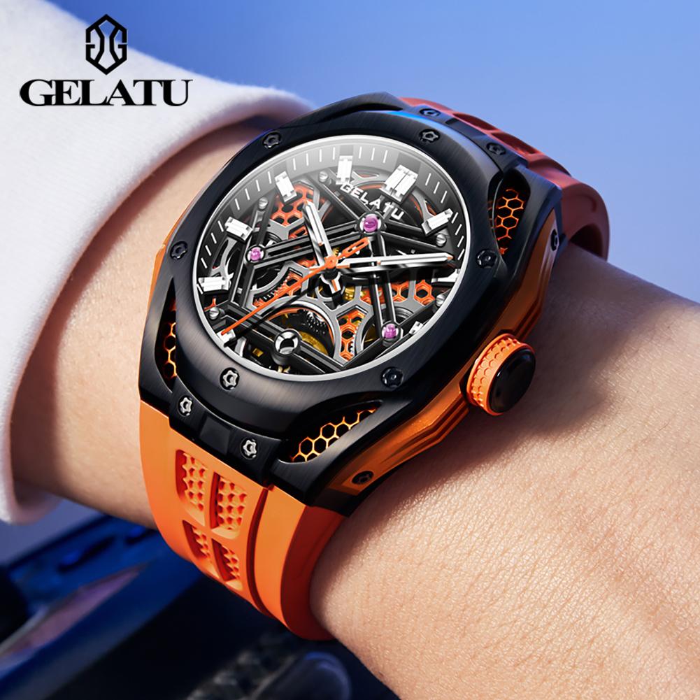 GELATU 6008 Skeleton Automatic Mechanical Watch for Men Hollow Luxury Sports Men's Wristwatch Silicone Strap Original Hand Clock