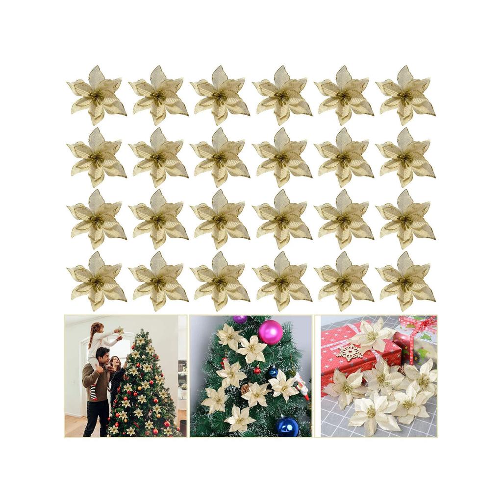 24PCS Glitter Artificial Christmas Flowers Fake Flower Xmas Tree Ornaments For Home New Year Christmas Party Decoration New