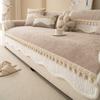 Weaving Chenille with Contrast Velvet Hem & Tassels Decor Sofa Cover, Non-Slip Sofa Towel for All Seasons Living Room Couches