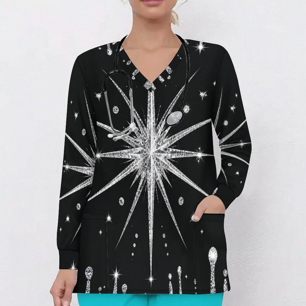 Women Plus Size Printed Nurse Scrub Top V Neck Long Sleeve With Front Pockets Black Green Gold