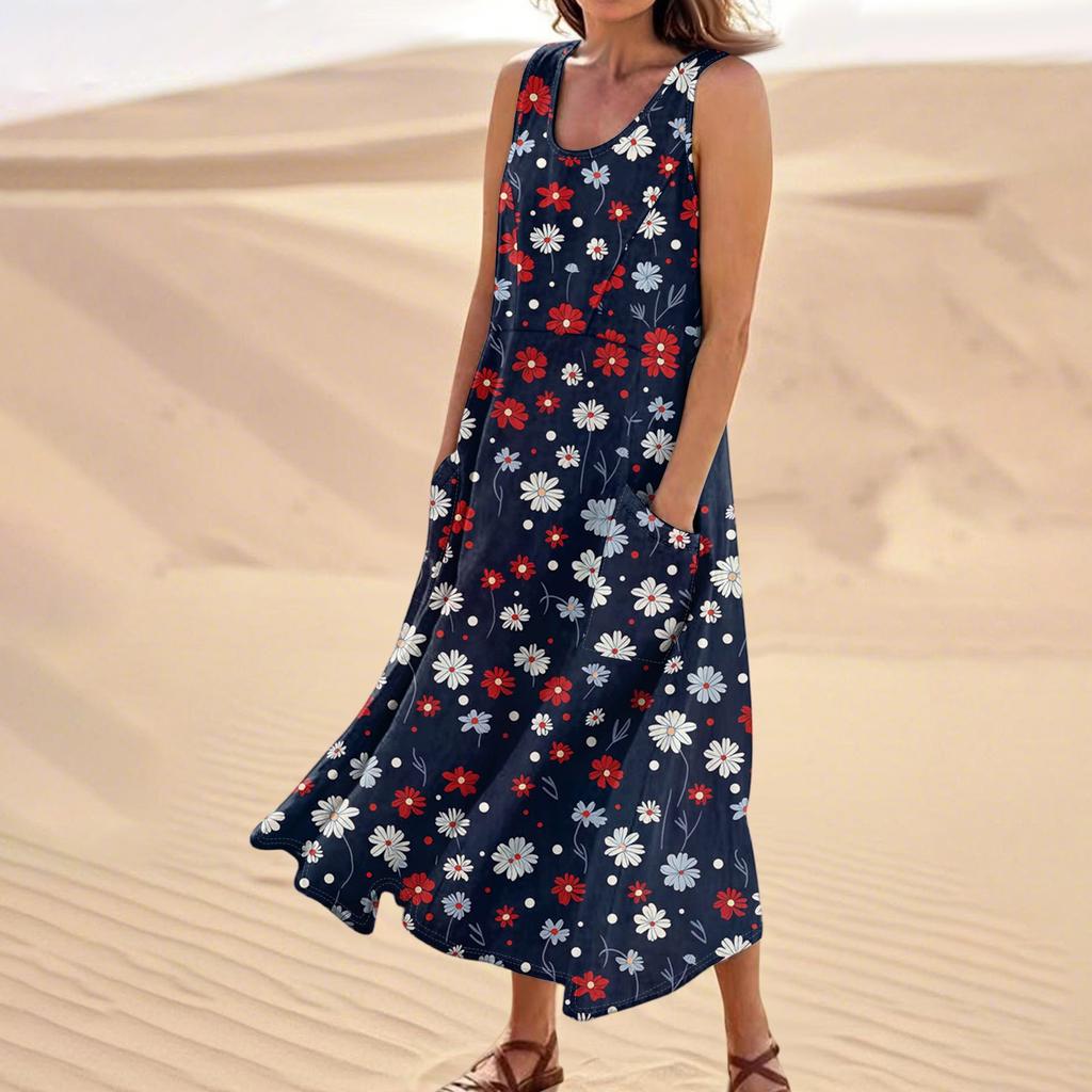 Women's Summer Casual Fashion Flower Printed Sleeveless Pocket Dress