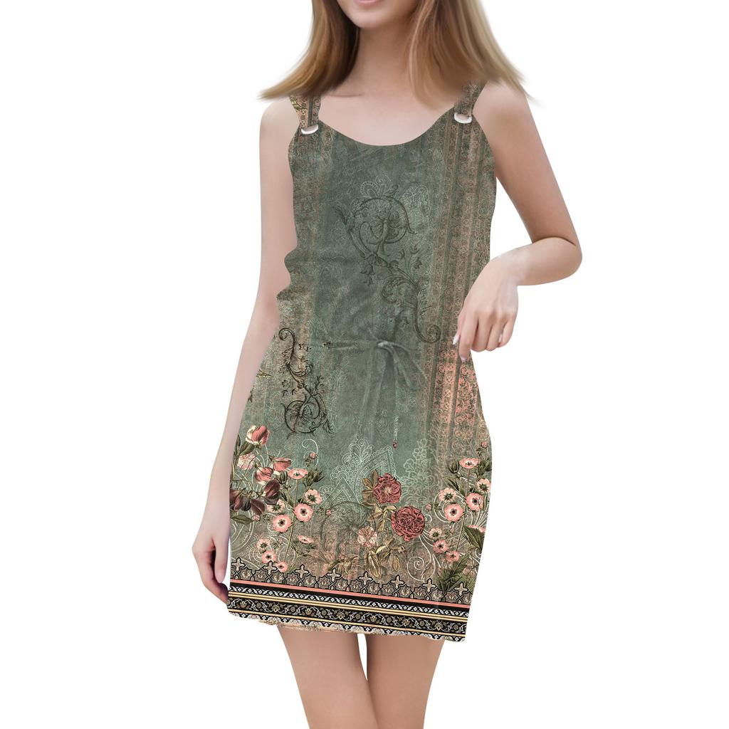 Женское модное повседневное платье без рукавов с принтом и завязками на шнурке с карманами