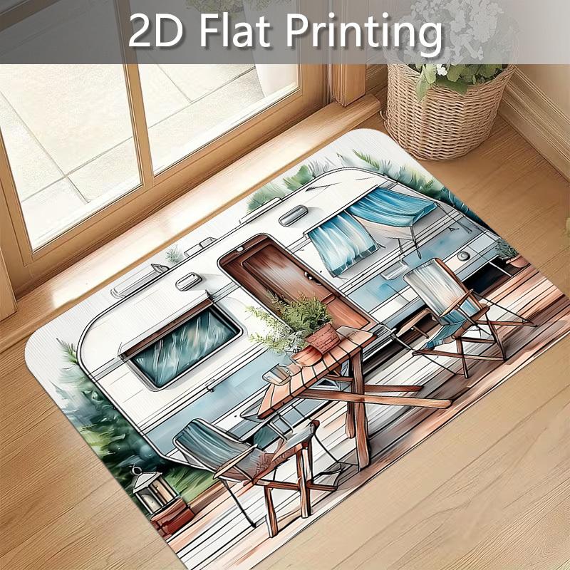 1pc, Indoor & Outdoor Mat - Outdoor Pattern Print Front Door Mat Camping Theme Floor Mat Flannel Material Soft Padding 1.02 cm Thick Home Decor Mat Su