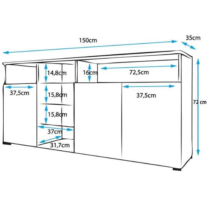 Буфет-сервант 3 двери | 3 стеклянные полки | LED | 150 x 72 x 35 см | Цвет Белый с Глянцевой отделкой | Clark