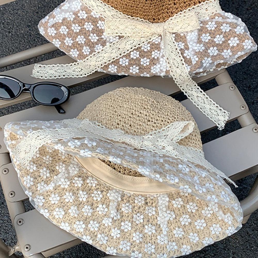 Вязаная шляпа из соломы с бантом, кружевная пляжная шляпа-ведро, элегантная солнцезащитная шляпа, летняя