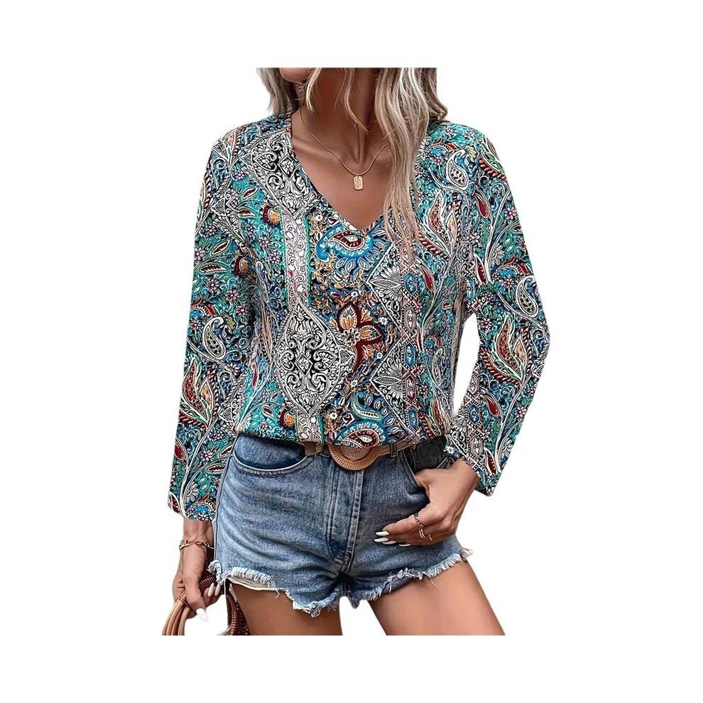Women'S Bohemian Print V-Neck Long Sleeve Casual Blouses Shirts 1-Mixed Colors XXL