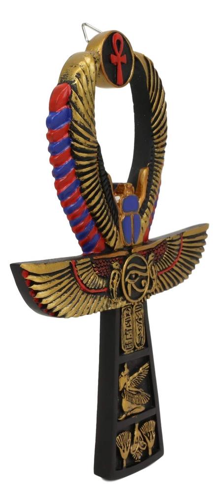 Ebros Crux Ansata Egyptian Golden Ankh with Wings Scarab Matte and Eye of Horus Wall Decor 3D Plaque Figurine Tall Hieroglyph Life Health and Balance