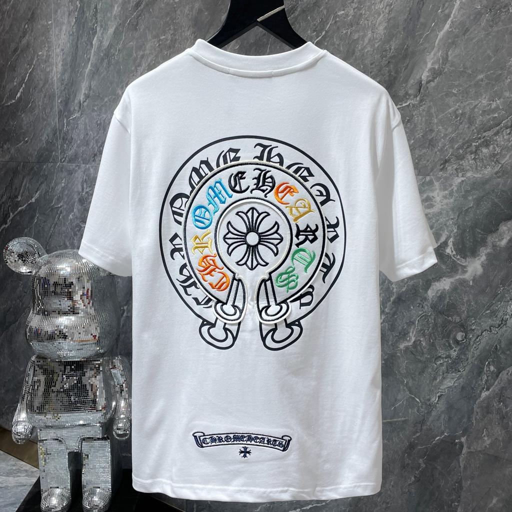 8719 CHROME HEARTS 2025 Летняя новая высококачественная хлопковая свободная футболка с круглым вырезом большого размера для мужчин и женщин, парная футболка