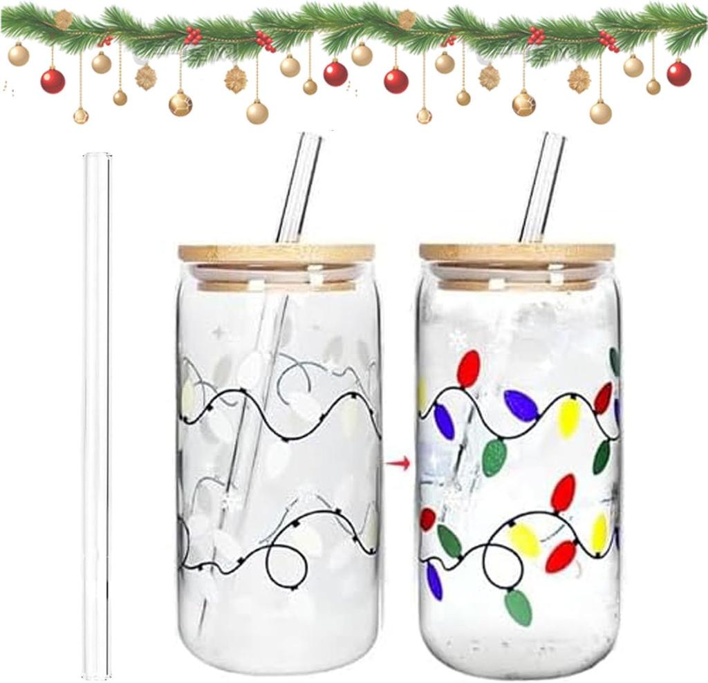 Color Changing Christmas Cup, Christmas Color Changing Glass Cup, Cute Glass Cups with Lids and Straws, Reusable Travel Mug for Iced Coffee Cold Water