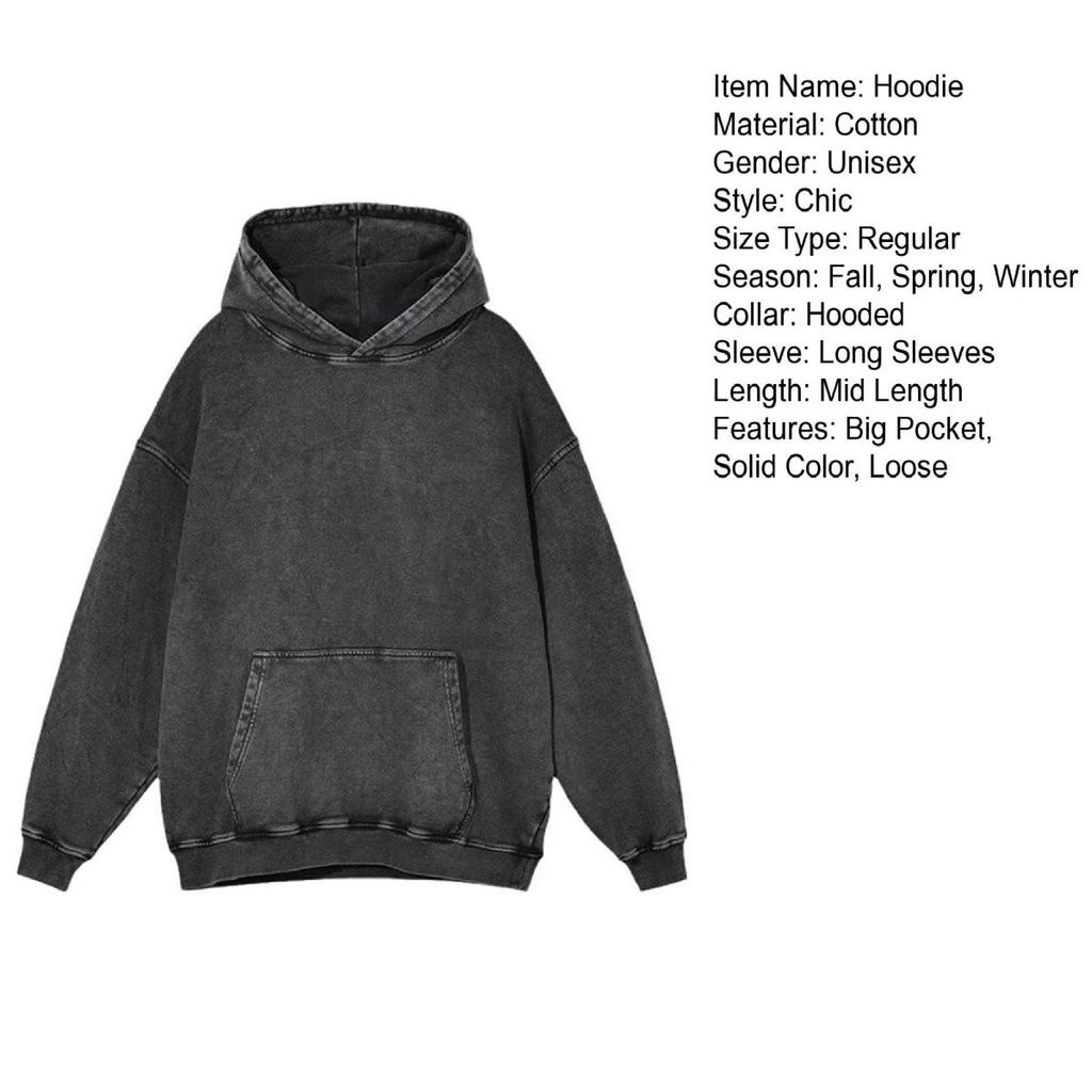 Осень-весна унисекс толстовка с капюшоном большой карман свободный потертый стираный эластичные манжеты и подол скошенные плечи однотонный свободный спортивный топ