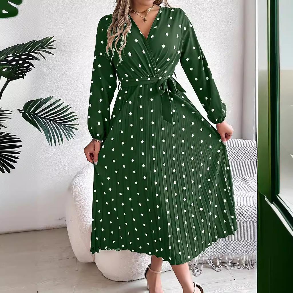 GMXIA Autumn and Winter Elegant Contrasting Polka Dot Cross V-neck Pleated Long Dress Women's Wear