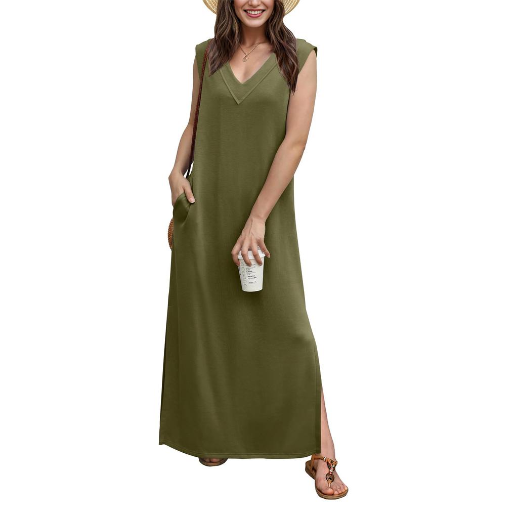 Женское летнее платье-макси без рукавов, повседневное платье-трапеция с круглым вырезом, длинное пляжное платье-майка