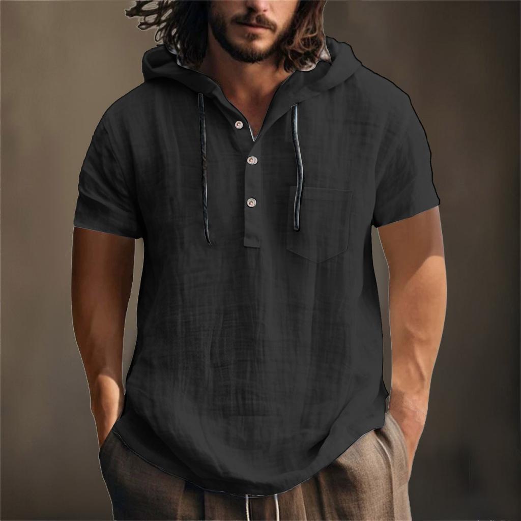 Мужская летняя хлопковая конопляная хлопковая тонкая повседневная однотонная свободная куртка с капюшоном и коротким рукавом