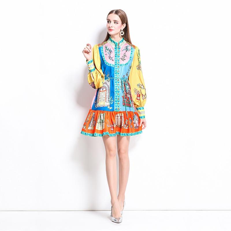 Лето Осень Женщины Винтажный Принт Дизайнер Подиумное Платье Фонарики Рукава Мини Короткие Праздничные Платья Для Вечеринок