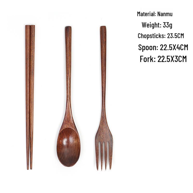 Camphorwood Three-Piece Cutlery Set: Chopsticks, Fork, and Spoon, Solid Wood, Portable and Individual Use.