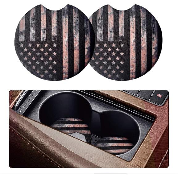 Osilly Car Coasters for Drinks, 2PCS Absorbent Camo America US Flag Cup Holders for Women and Men, 2.75 Inch Removable Cup Holder Insert Coaster, Car