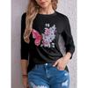 Butterfly & Floral Print Crew Neck T-Shirt, Casual Long Sleeve Top For Spring & Fall, Women's Clothing