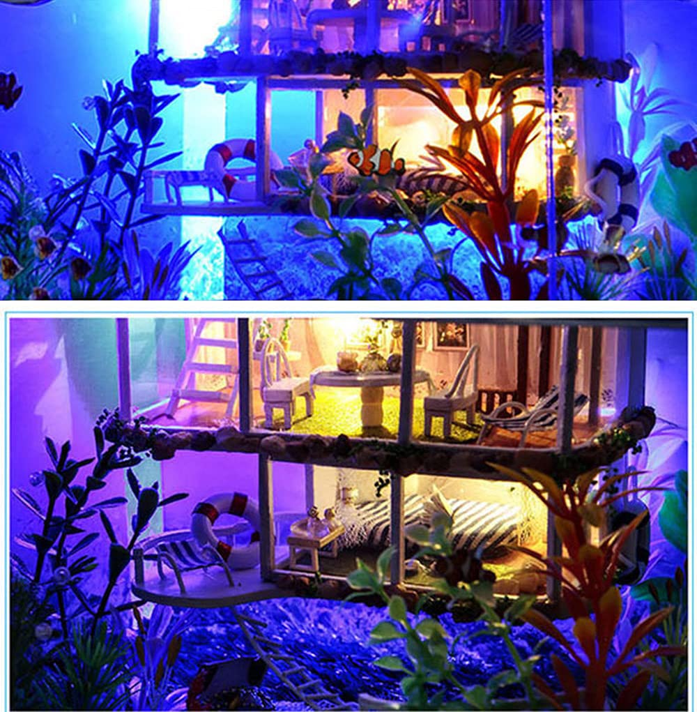 Moin moin Кукольный домик Миниатюрный набор для самостоятельной сборки Инструкция по эксплуатации Дом с аквариумом в подвале Аквариум Морская рыба-клоун Светодиодная подсветка Акриловый корпус