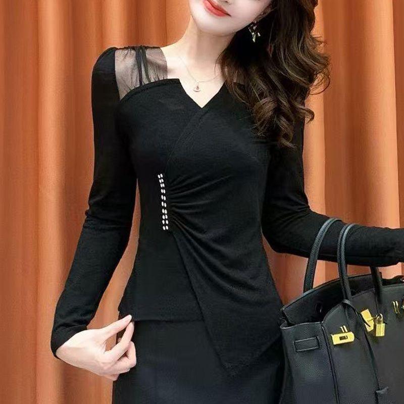 Western Style Irregular Bottoming Shirt for Women Autumn New Top Slim Fit V-neck Long Sleeve Mesh Splicing