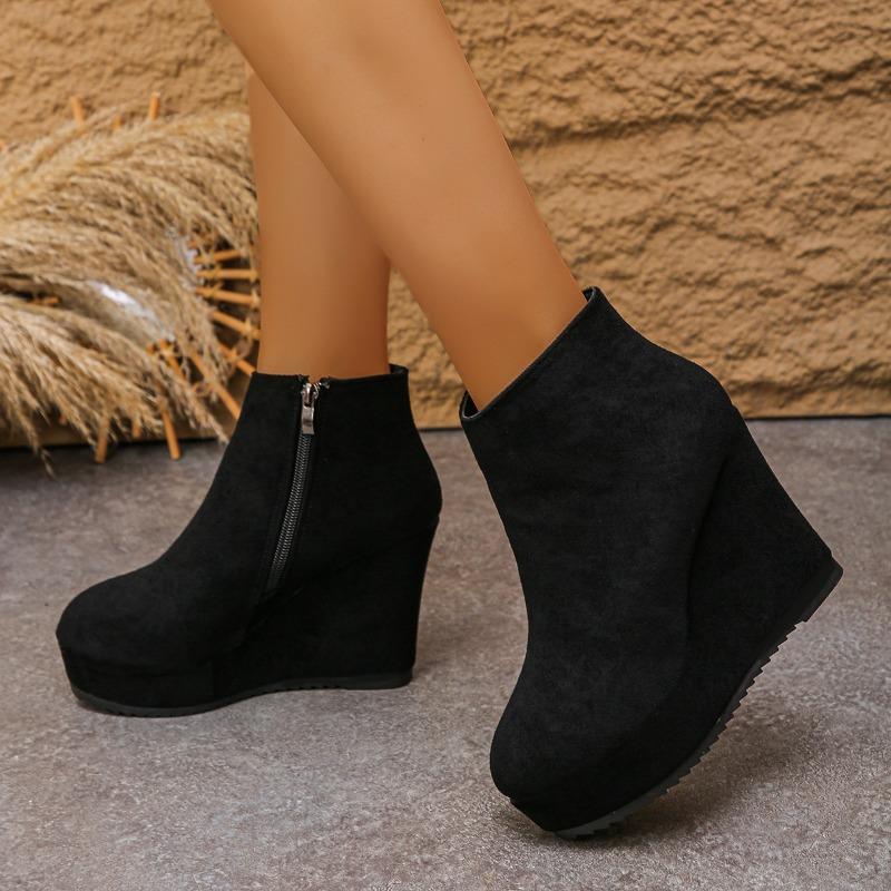 Женские ботильоны на танкетке, осенние, новые, с круглым носком, на боковой молнии, платформа, нескользящие, износостойкие, на высоком каблуке