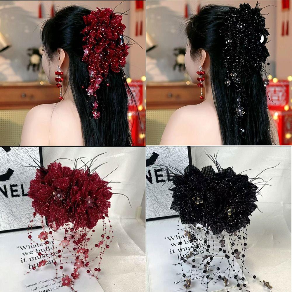 Flower Hair Clip Bead Tassel Shark Clip Fashion Hairpin Grips for Girls