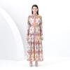 Spring Summer Women Stand Collar Single Breasted Retro Print Oversize Plus Size Long Maxi Party Dresses with Belt