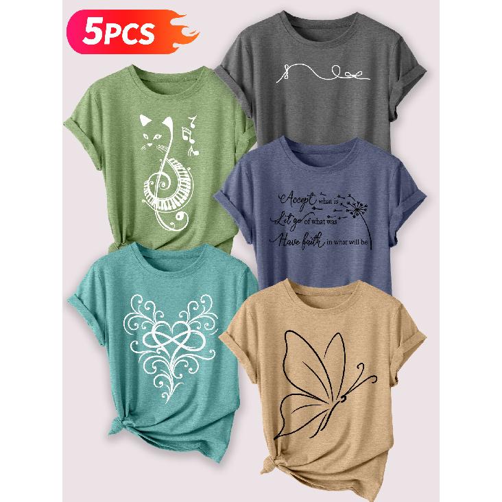 Follow a specific direction Five-piece set of women's short-sleeve tops Music-Inspired Retro Print Elegant Summer Party Outfits Elegant short sleeves