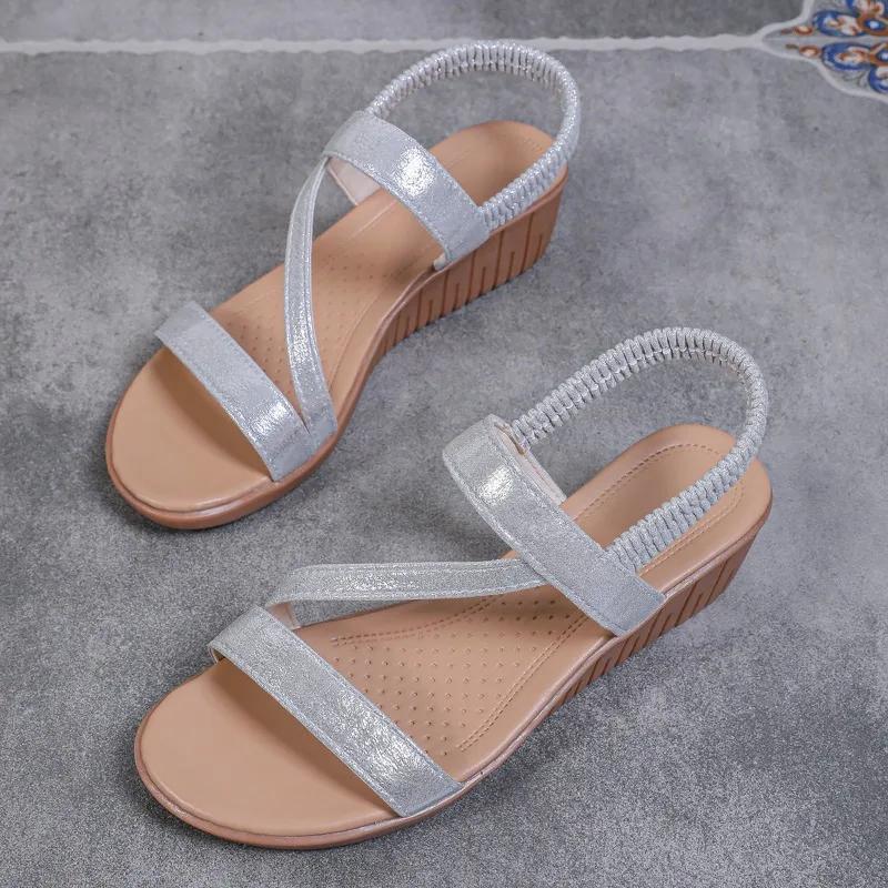 2024 Высококачественная обувь для женщин, женские сандалии с эластичной резинкой, летние повседневные сандалии, женские босоножки на танкетке с открытым носком, большие размеры, женская обувь