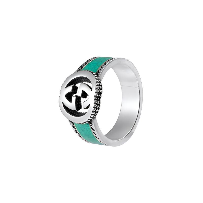Gucci Кольцо Серия Double G Соединяющиеся Double G Серебряные украшения Блестящее Серебро 925 Пробы Сапфирово-зеленый/Серебряный 11
