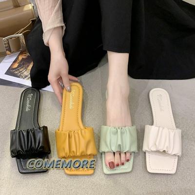 Женские плоские шлепанцы, лето 2024, стильные сандалии с квадратной головкой и складками для женщин, повседневные шлепанцы, однотонная обувь, мода