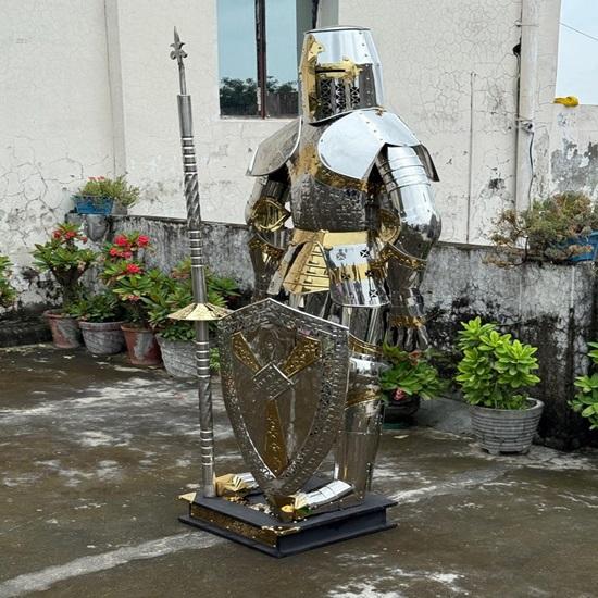 Full Body Medieval Crusader Knight Armor  Polished Stainless Steel Suit with Display Stand for LARP, Cosplay, and Historical Reenactments