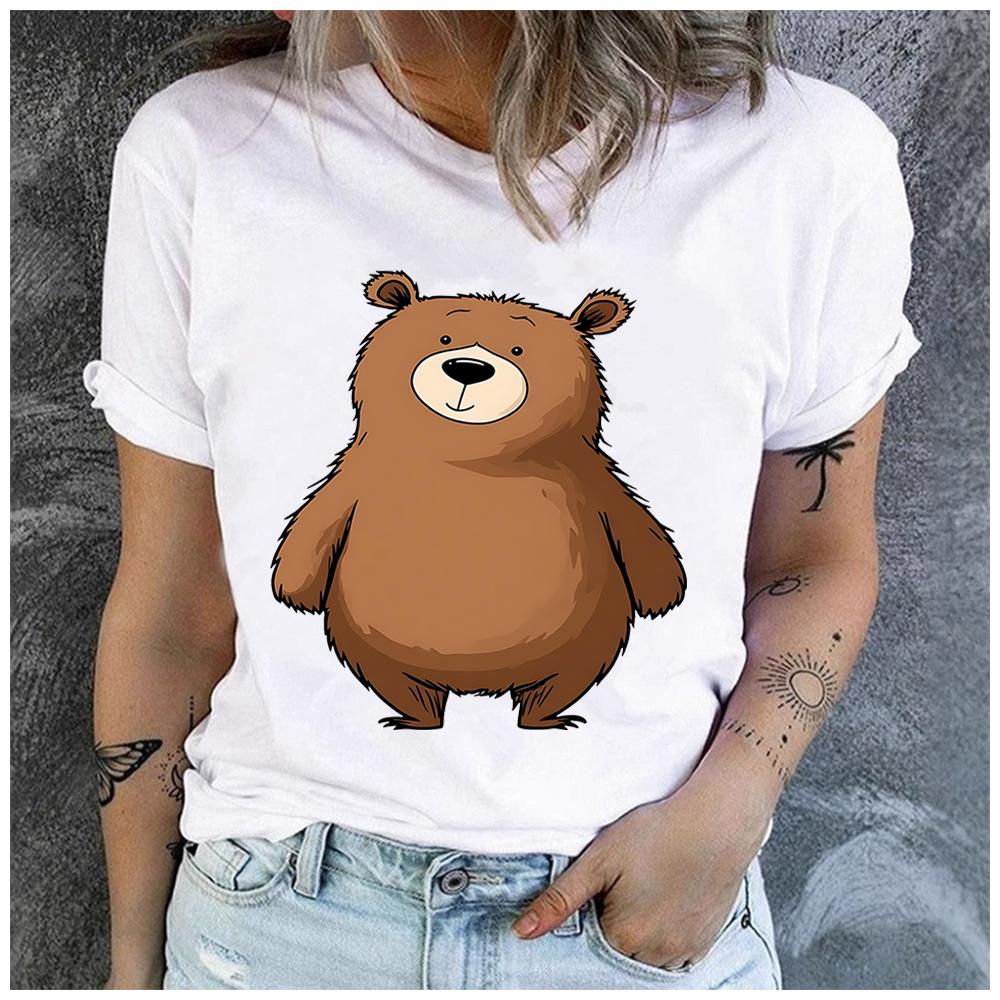 Unisex Soft Cute Cartoon Brown Bear Print Loose round Neck Casual Short Sleeve T-Shirt 100% Polyester Fashion Top for Summer
