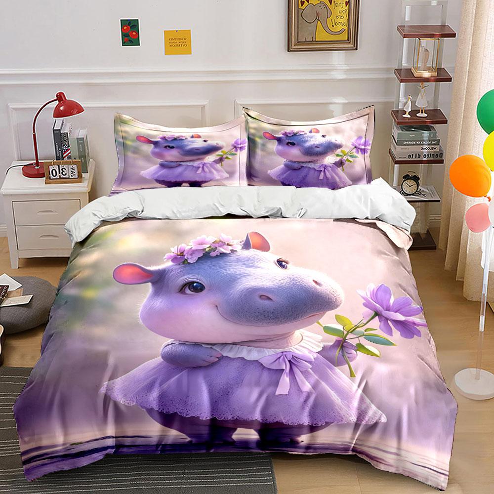 Cute hippo holding purple flower Print Bedding Set 1 Duvet Cover 2 Pillowcases for Adult and Children Luxury Gift Full Size