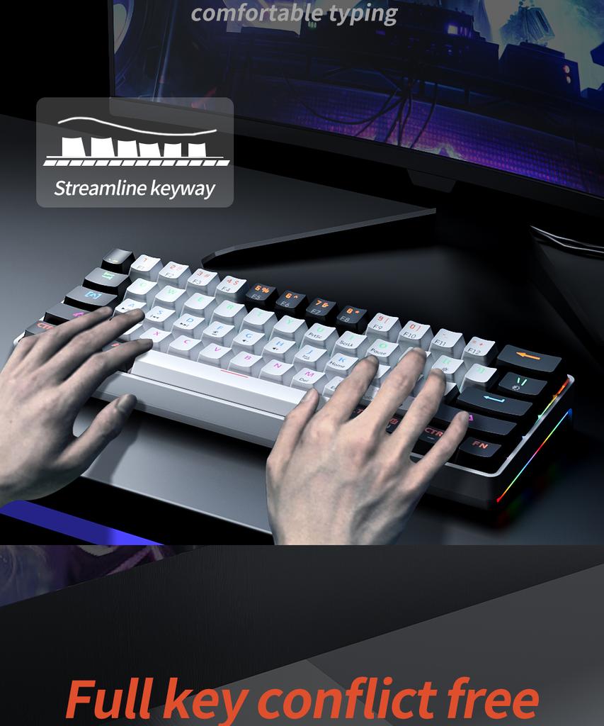 Механическая клавиатура MK61 USB Gaming с красным переключателем и RGB-подсветкой, с возможностью горячей замены, 61 клавиша, проводная, съемный кабель