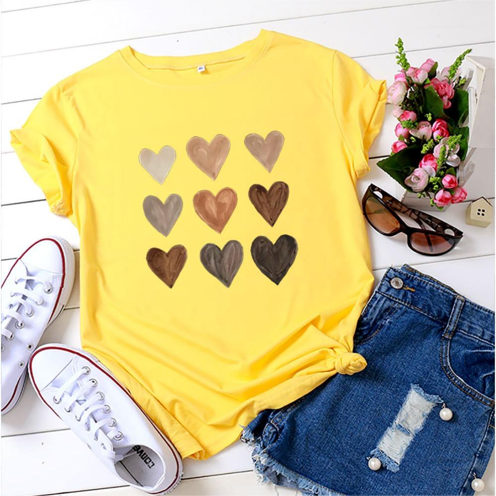 Women's Heart Print Crew Neck Loose Short Sleeve Sports Casual Top For Summer