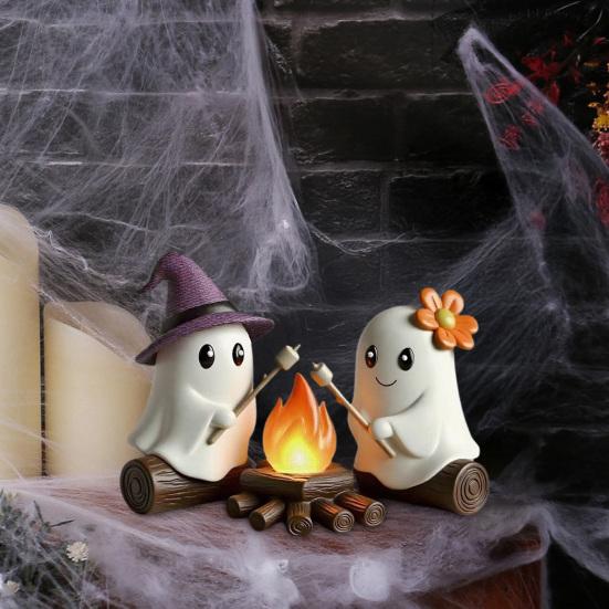 Ghost Campfire Gathering Halloween Decor Cute 2 Ghost And Bonfire Figurine Resin Ghost Night Light for Home Mantel Shelf Desk Decor