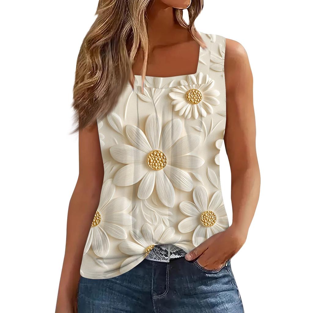 Женская плиссированная футболка без рукавов с квадратным воротником и принтом