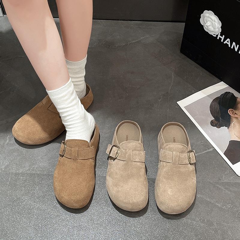 Мягкая кожаная сумка голова полушлепанцы детские 2025 носить нескользящая мягкая подошва ретро мягкая подошва плоская подошва мюли женская обувь