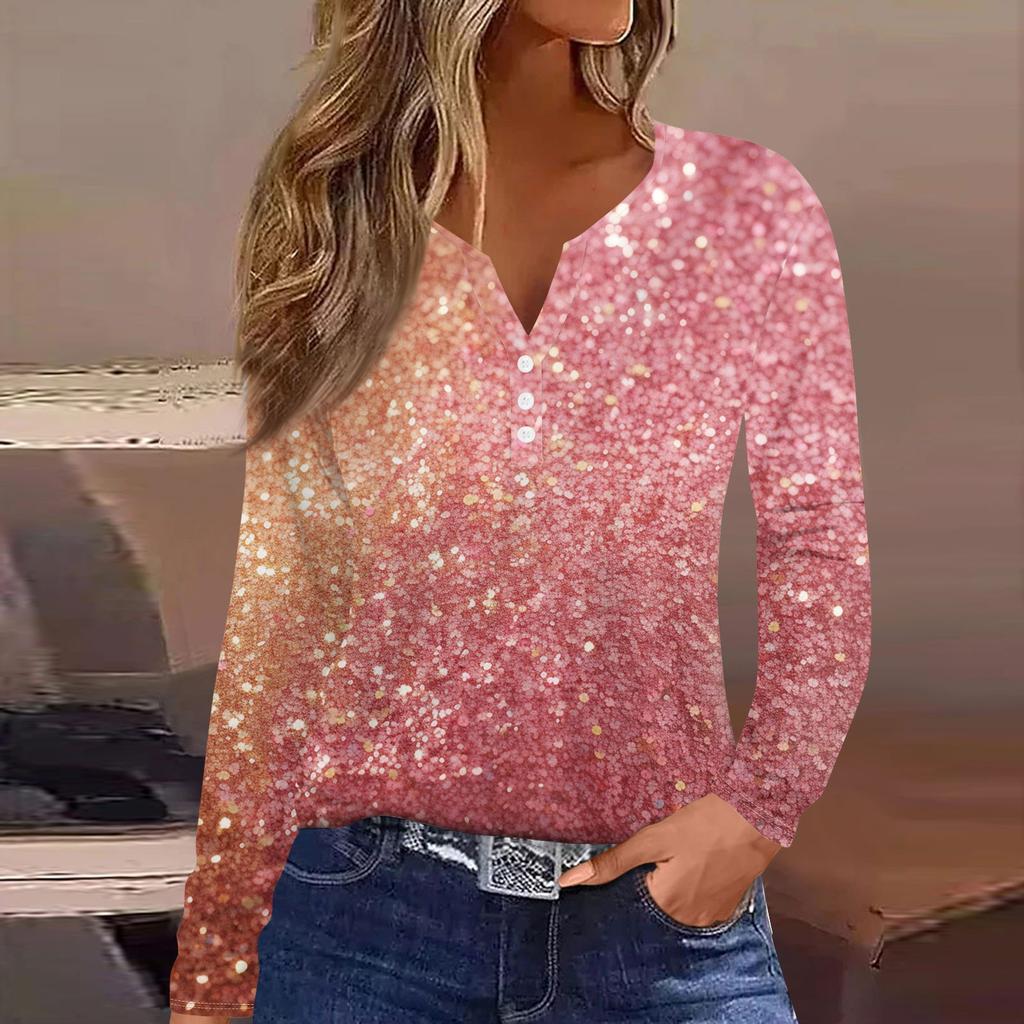 Жен. Футболка Футболка На пуговицах С принтом Длинный рукав Повседневные Выходные Мода Классический V-образный вырез Обычный Топ