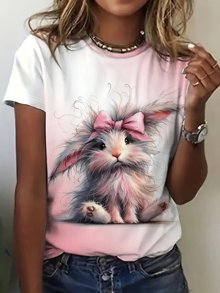 Summer Cartoon Cute Rabbit Printed Women's Short Sleeved T-Shirt Fashion Casual Oversize Tees Elegant Round Neck Woman Clothes