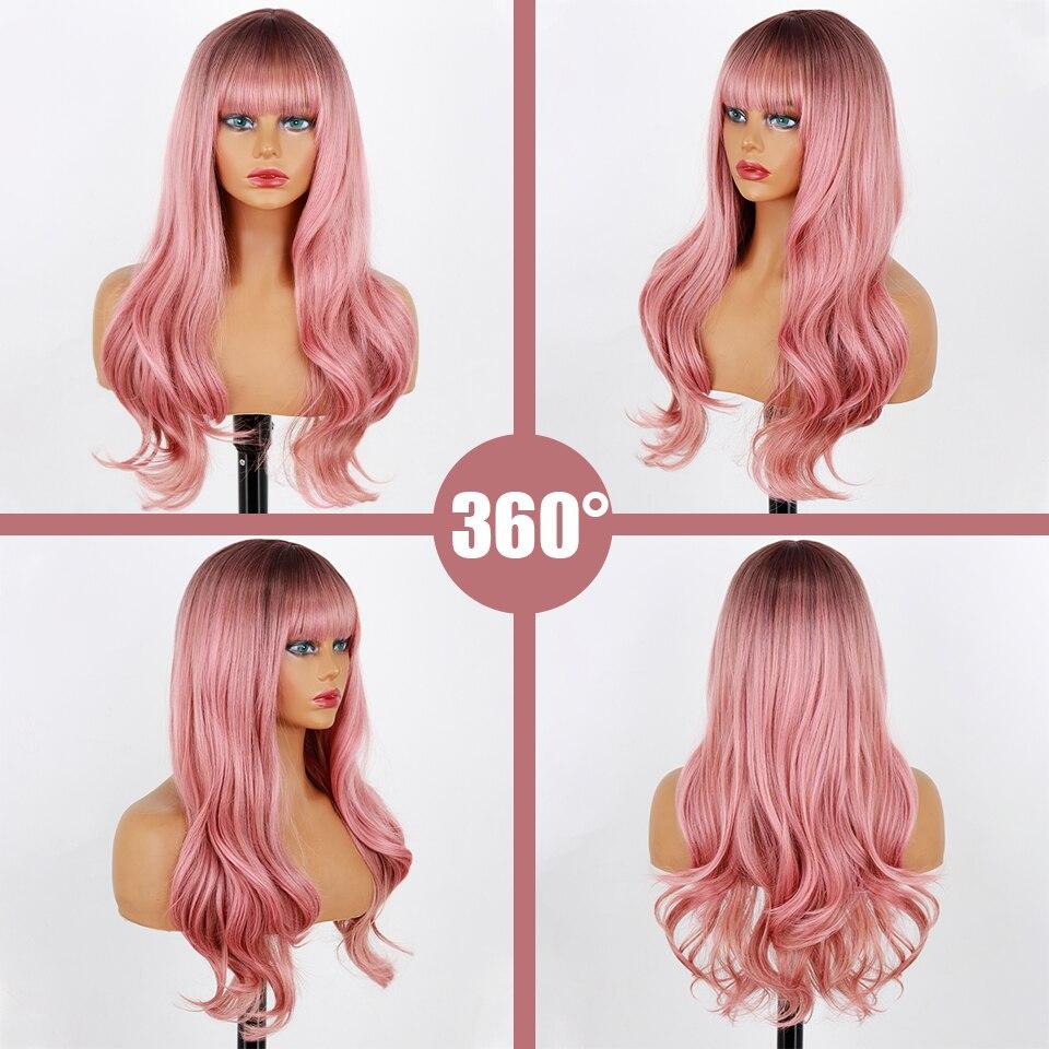 Black Xinran Gradient Pink Long Wave Wig With Bangs Natural Female Wig Synthetic Hair High Temperature Fiber Daily Role Playing