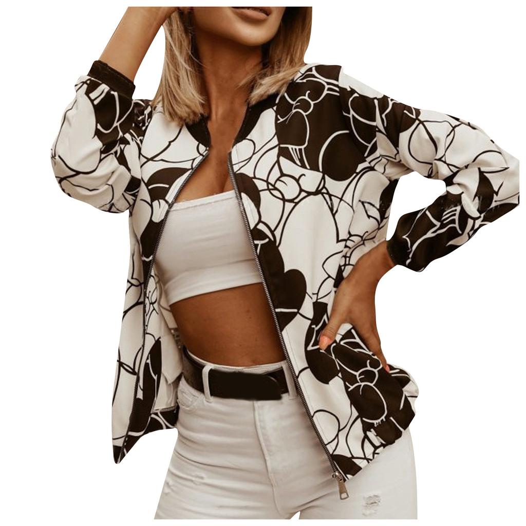 Женская мода с длинным рукавом на молнии с принтом повседневная короткая куртка пальто