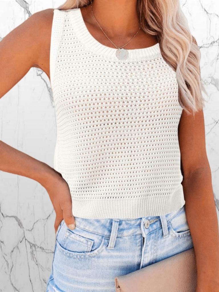 Women's Sleeveless Crochet Knit Tank Top Crew Neck Hollow Out Casual Summer Pullover