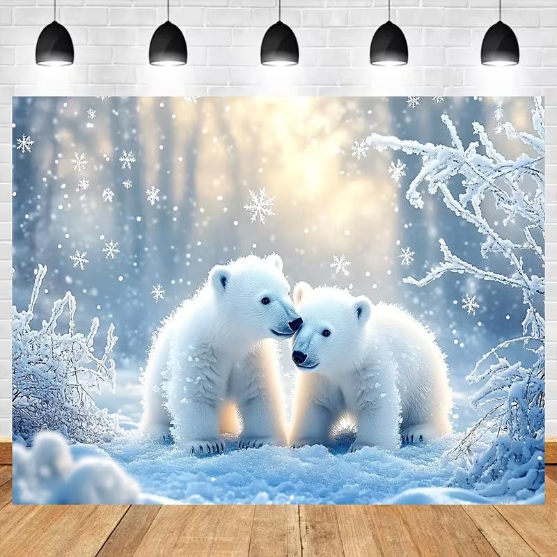 2D Winter Snow Baby Polar Bear Photo Backdrop Snowflake Forest Background