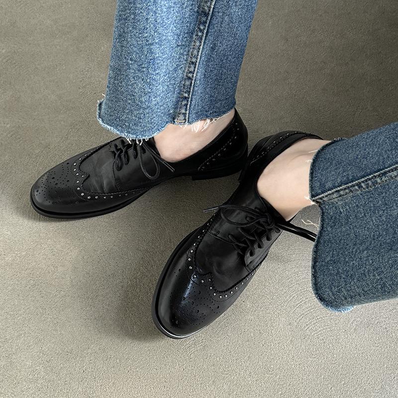 Fashion HOT SALE Spring/Autumn Women Loafers Genuine Leather Shoes for Women Round Toe Low Heel Women Pumps Casual Lace-up Oxford Shoes