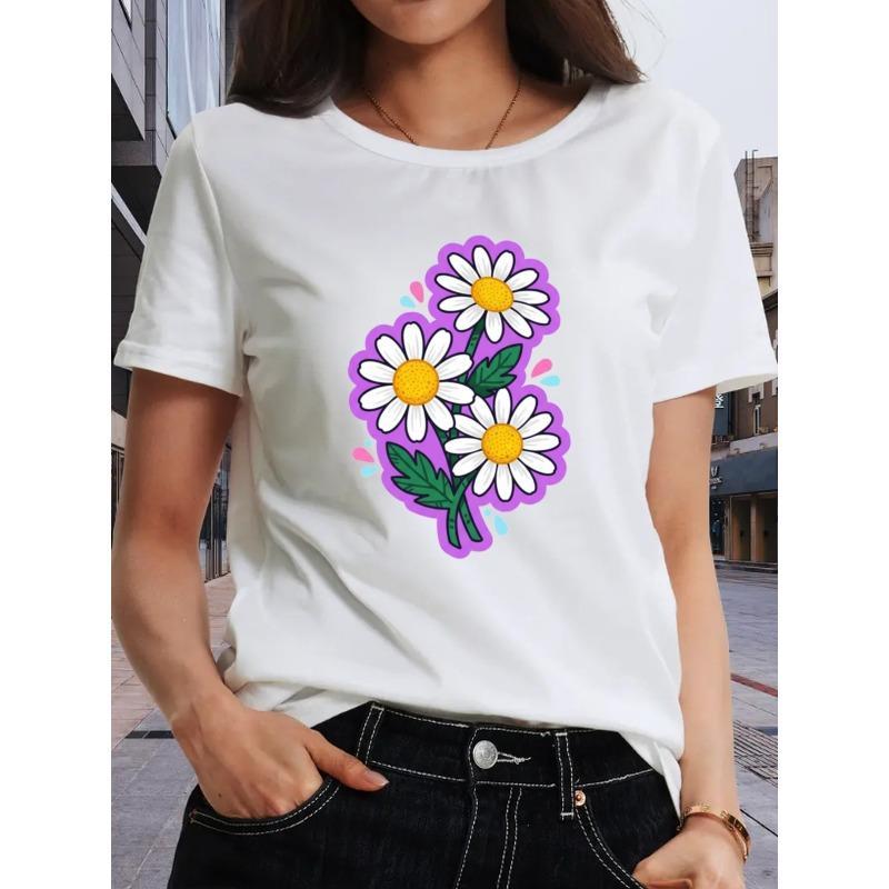 Women'S Casual T-Shirt with Three White Daisy Prints, Machine Washable, Suitable for All Seasons, Casual Top, Comfortable for Casual Attire,